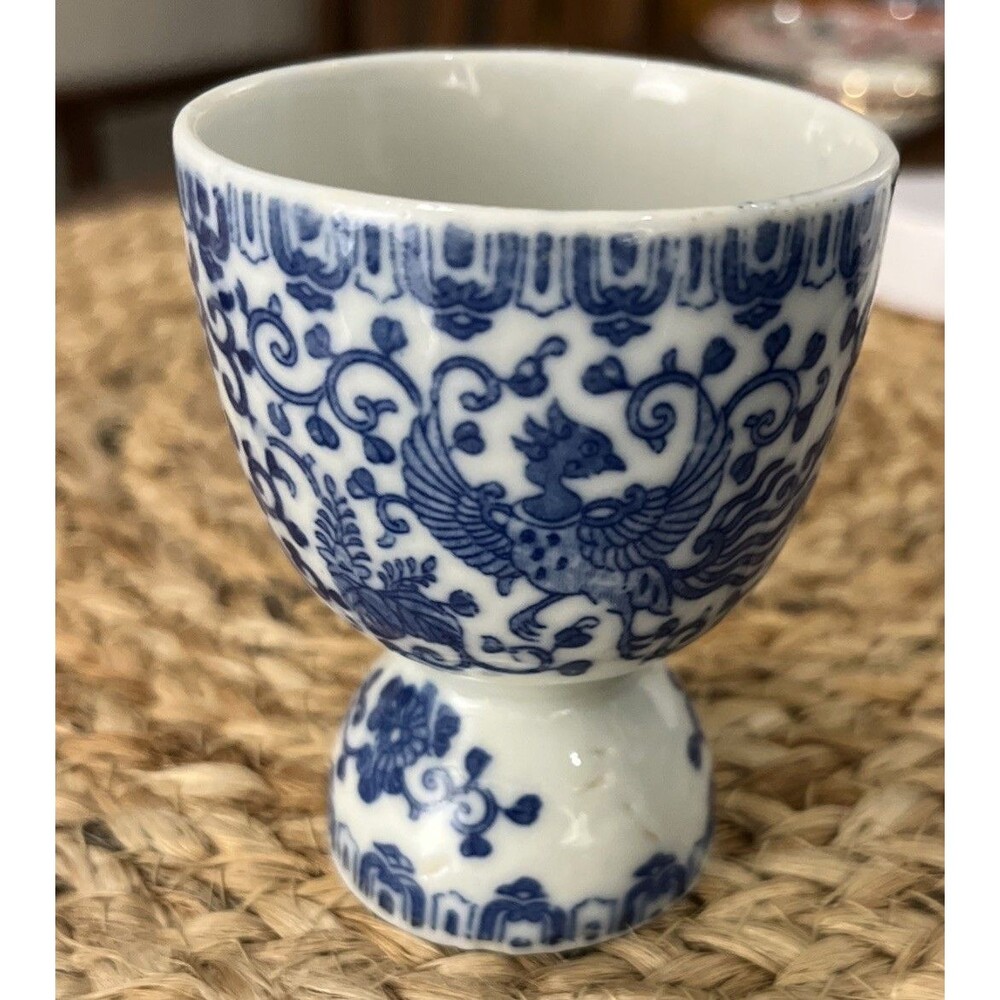 Blue & White Phoenix Fire-Bird Peacock Crane Bird Egg Cup Japan 2.5” x 3in tall